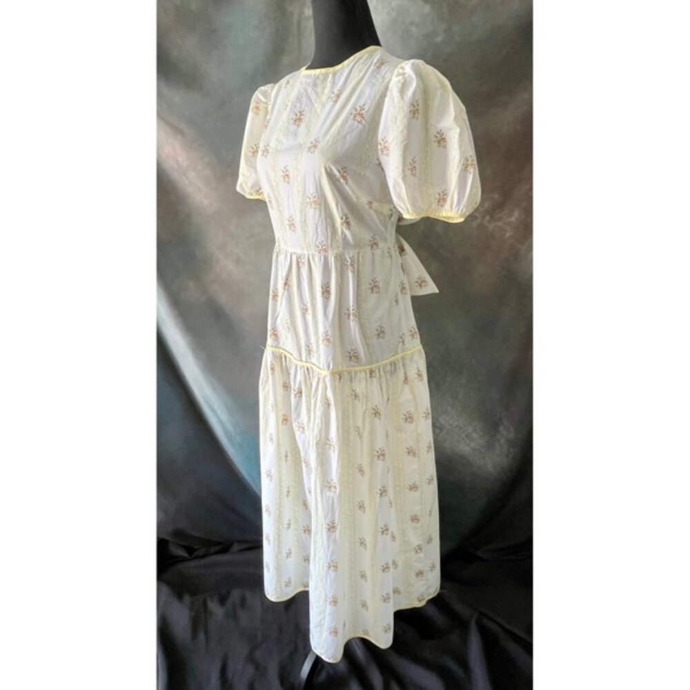 Glamorous Womens Floral Midi Dress Puff Sleeve Open Back Tie Yellow Trim - Picture 2 of 8